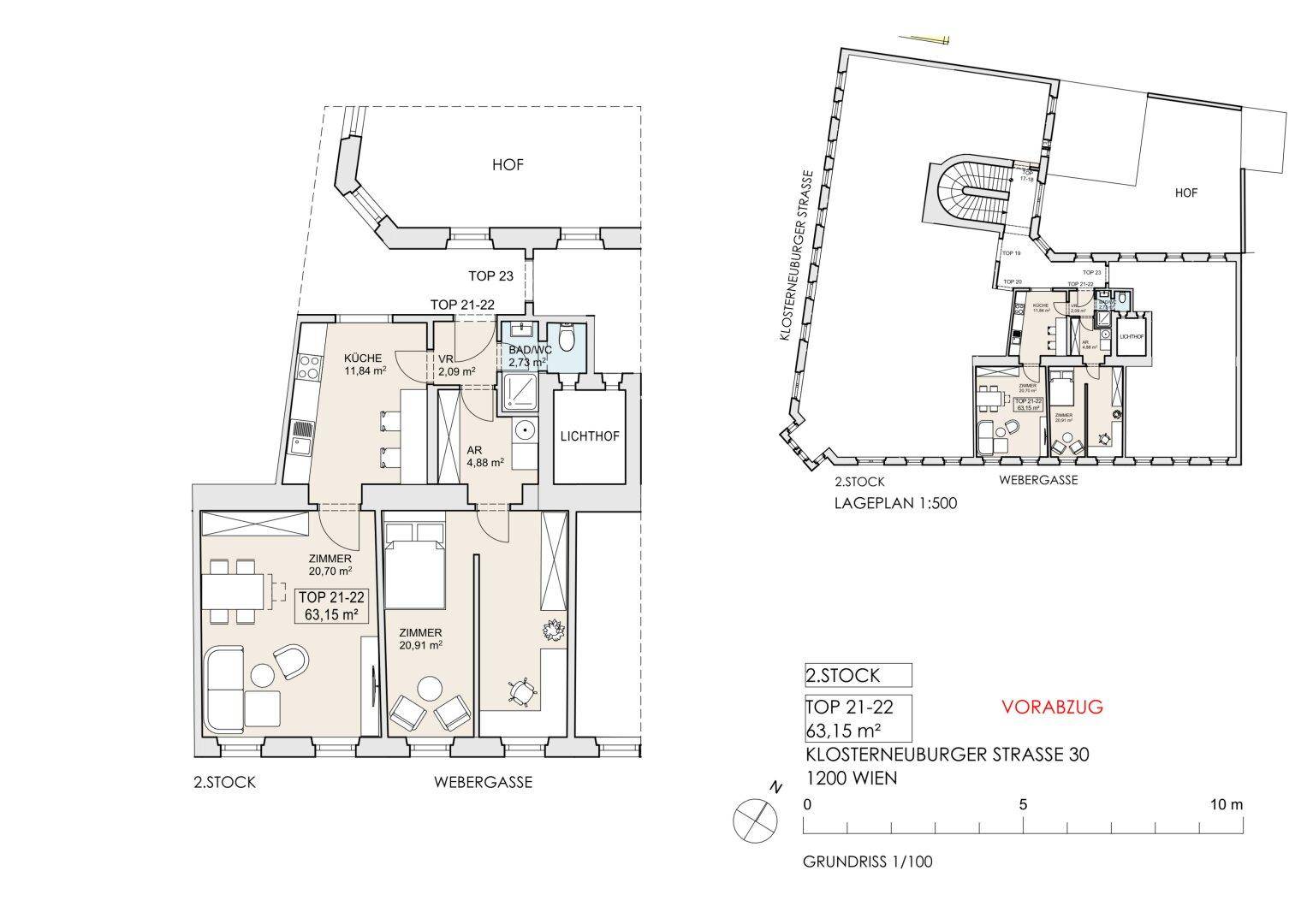 Grundriss einer Wohnung im 2. Stock mit 63,15 m² und Hofblick.