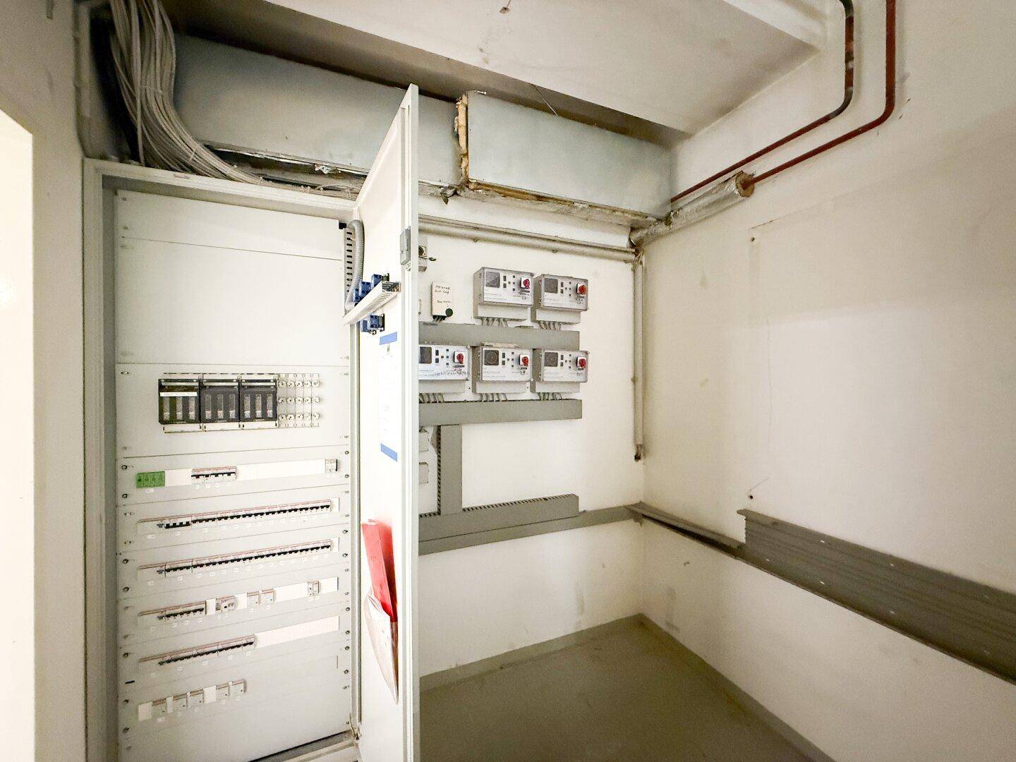Raum mit mehreren Stromzählern und einem großen Sicherungskasten an der Wand.