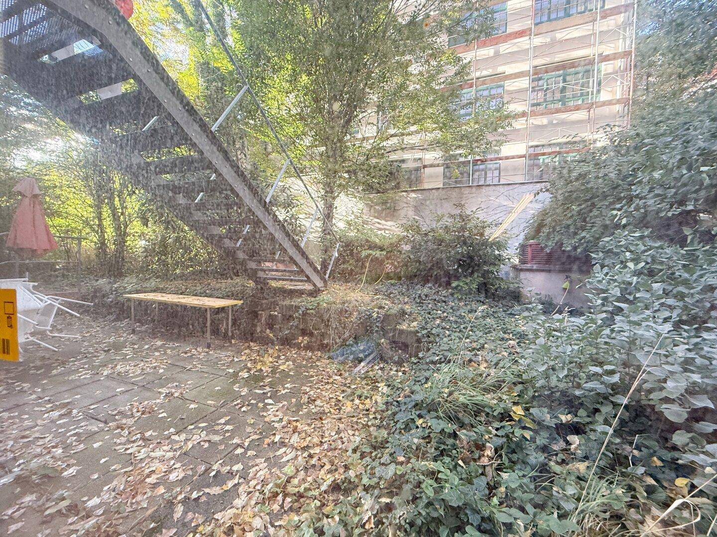 Kleiner, verwilderter Gartenbereich mit einer Metalltreppe und viel Grün.