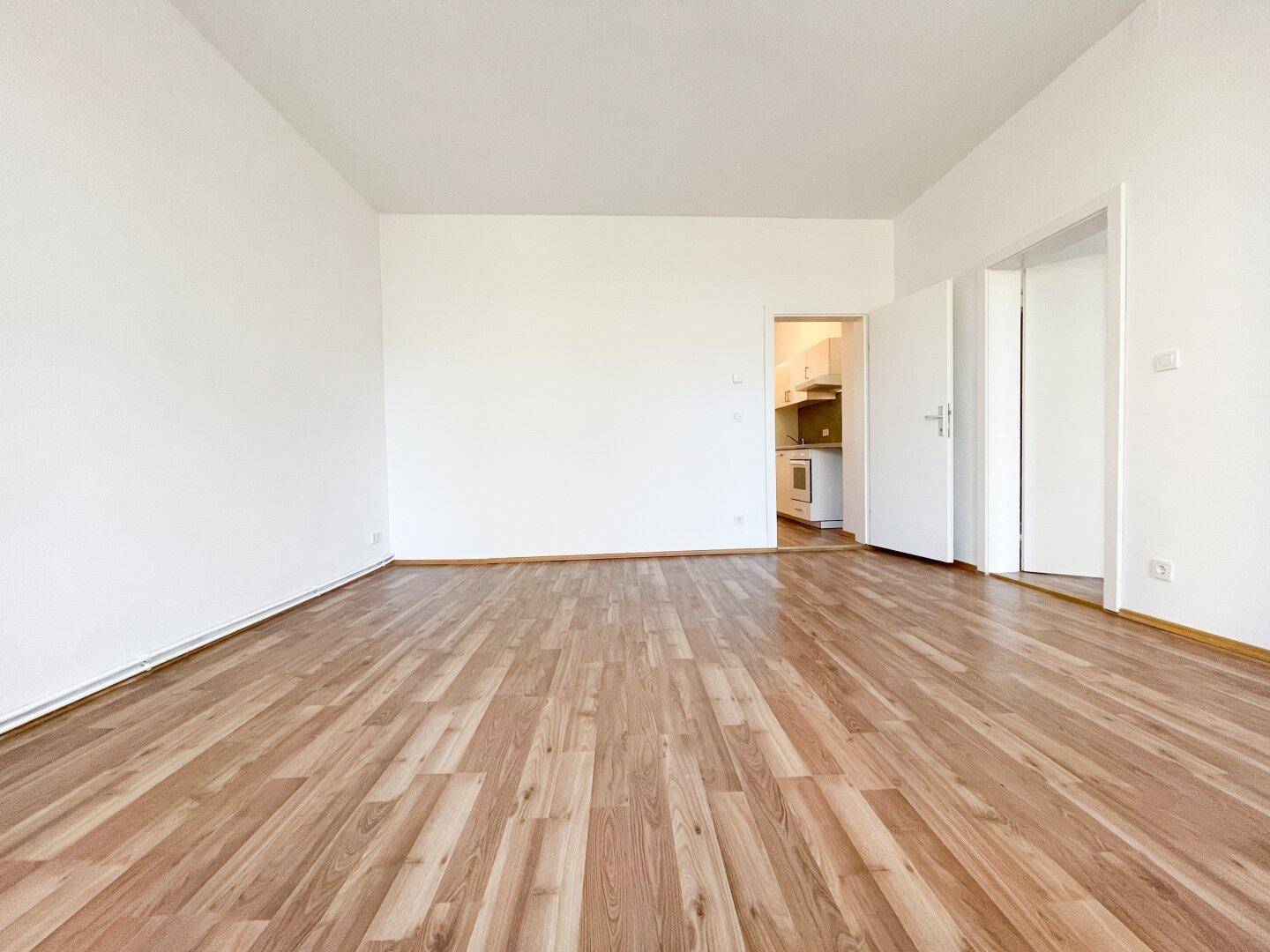 Heller Wohnbereich mit Laminatboden und Zugang zu einer angrenzenden Küche.
