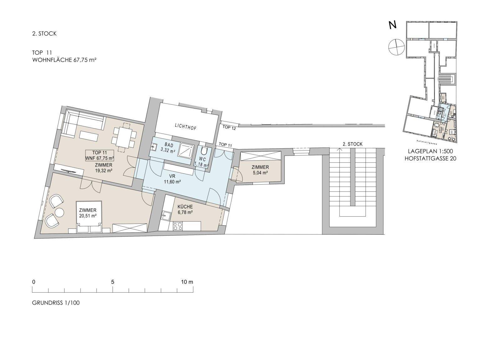 Grundriss der Wohnung Top 11 im 2. Stock mit 67,75 m² Wohnfläche und offener Gestaltung.