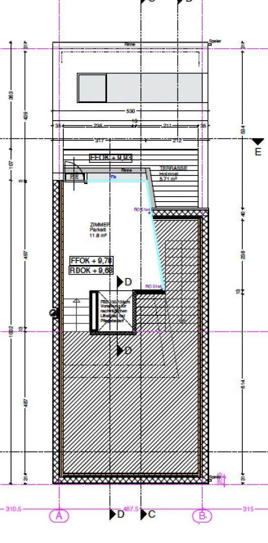 Oberer Bereich des Grundrisses mit Zimmeraufteilung und Dachfenstern.