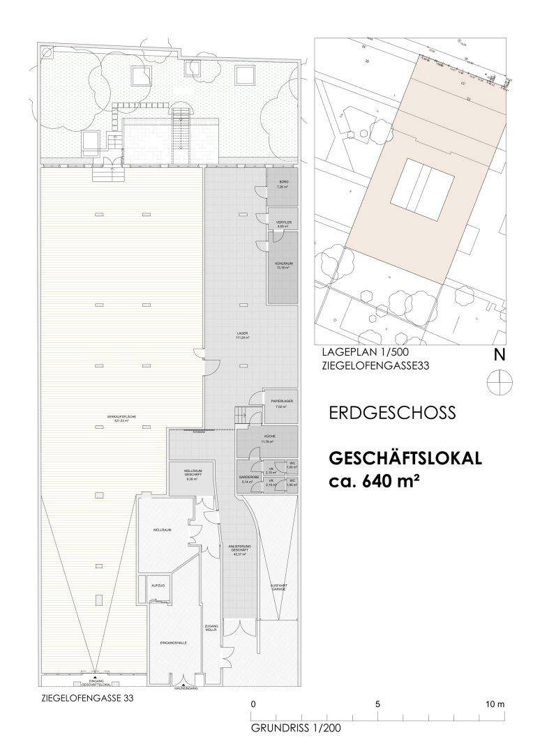 Grundriss des Erdgeschosses eines Geschäftslokals mit Büros, Lagerräumen und Sanitäranlagen, inklusive Außenbereich.