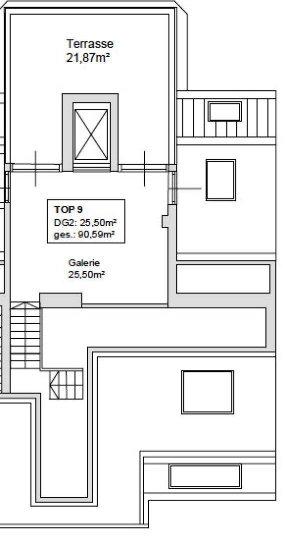 Grundriss des zweiten Dachgeschosses mit Terrasse und Galeriebereich.