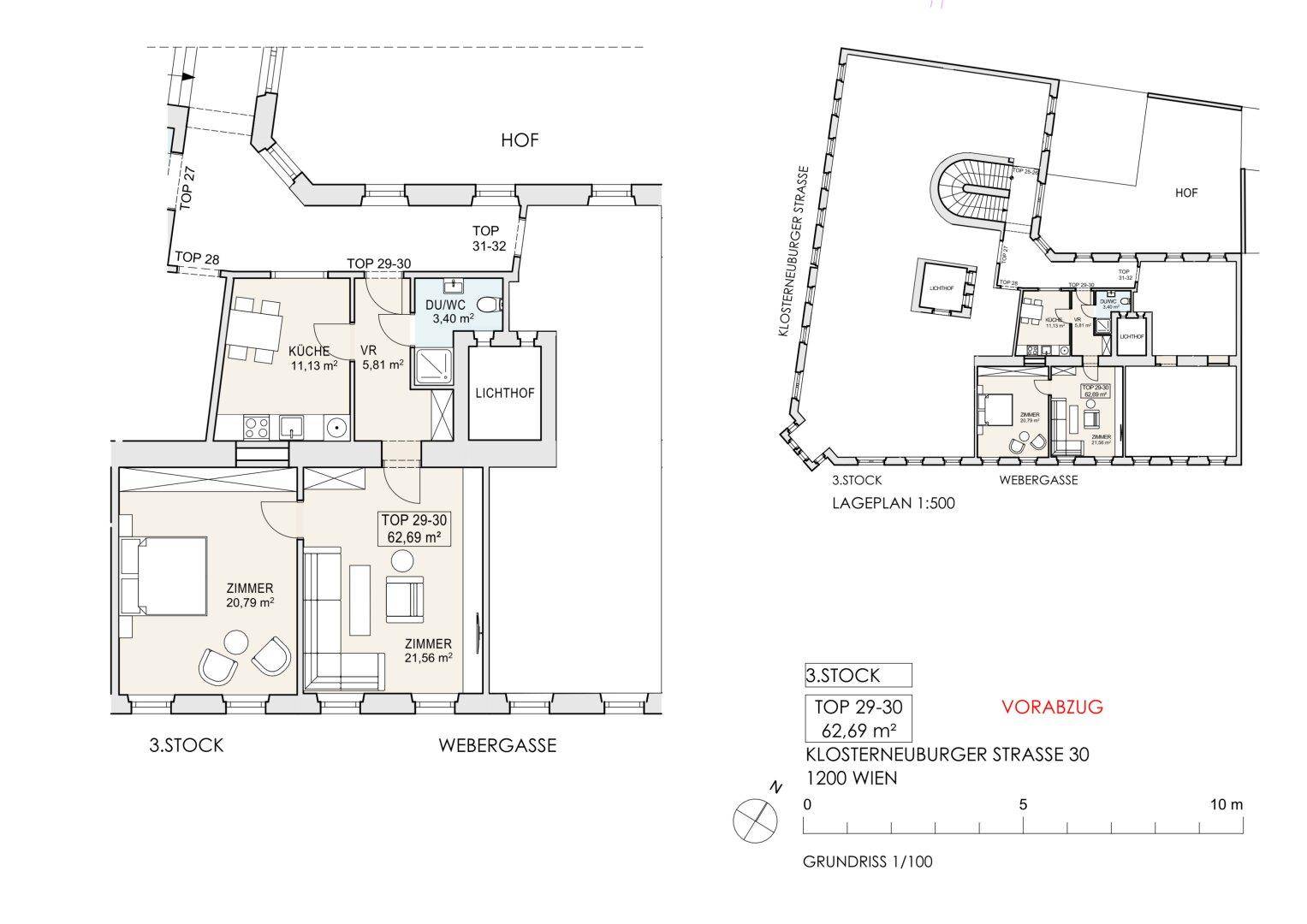 Grundriss der Wohnung Top 29-30 im 3. Stock mit 62,69 m² Wohnfläche.