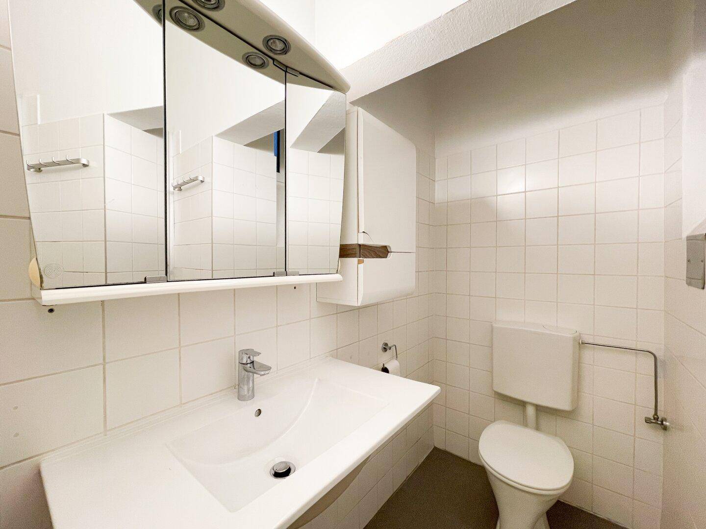 Funktionales Badezimmer mit Waschbecken, Toilette und Spiegelschrank, hell gefliest.