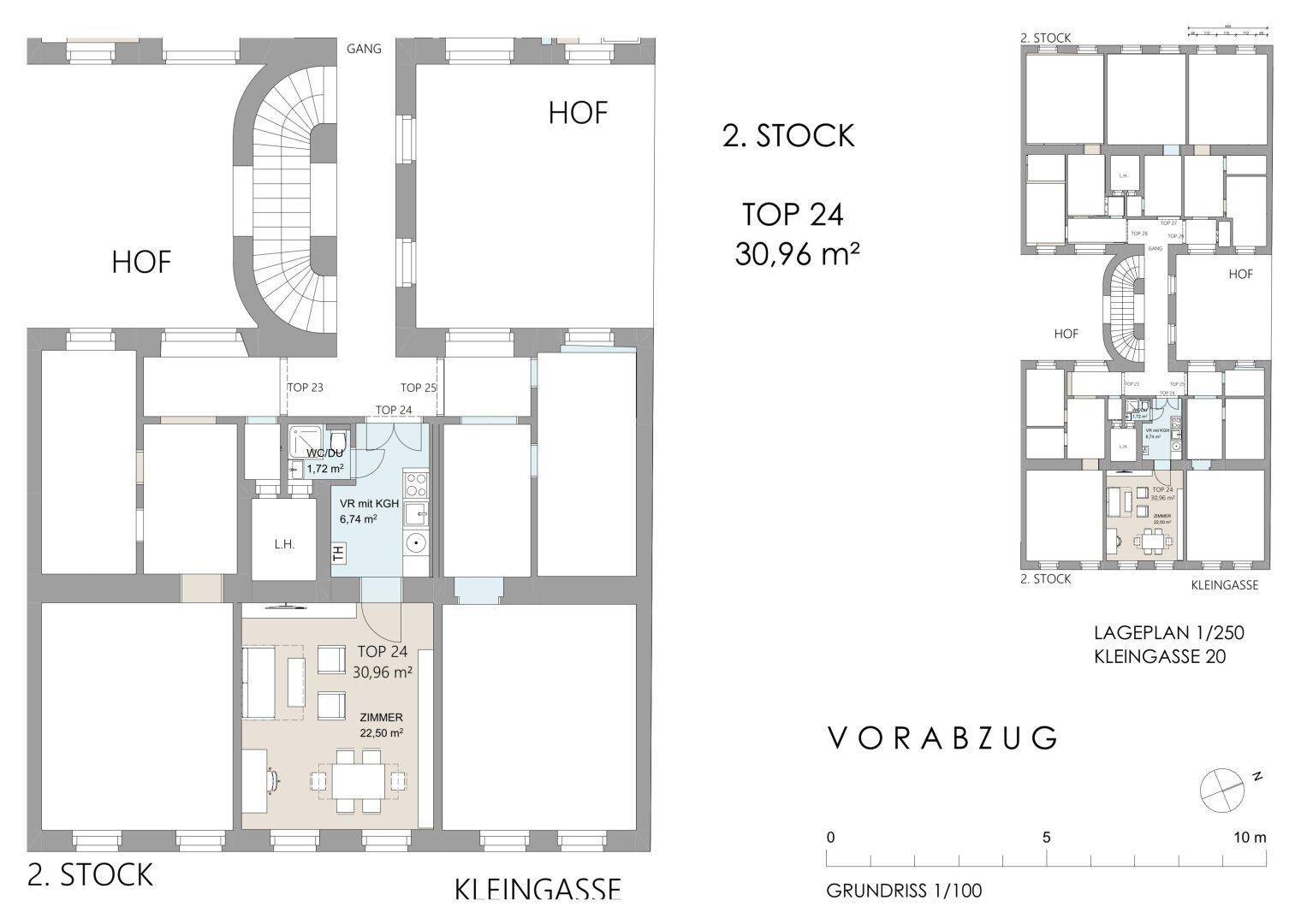 Grundriss der Wohnung Top 24 im 2. Stock mit 30,96 m² und Hofblick.