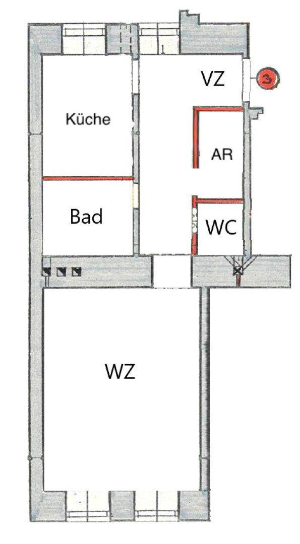 Grundriss einer Wohnung mit Küche, Bad, separatem WC, Wohnzimmer und Abstellraum.