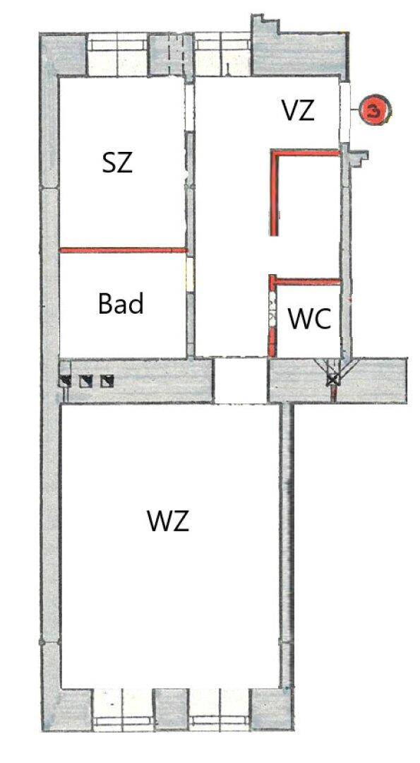 Grundriss einer Wohnung mit Schlafzimmer, Bad, separatem WC, Wohnzimmer und Abstellraum.