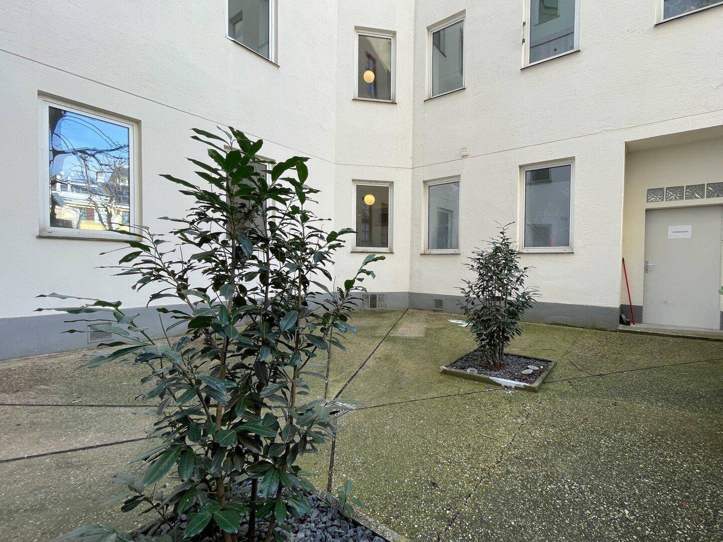 Begrünter Innenhof mit kleinen Pflanzen und gepflastertem Boden, der zum Verweilen einlädt.
