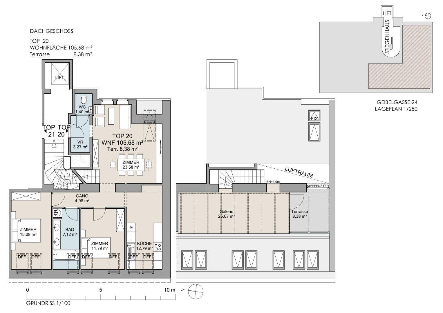 Grundriss des Dachgeschosses mit Wohnfläche von 105,68 m² und Terrasse.