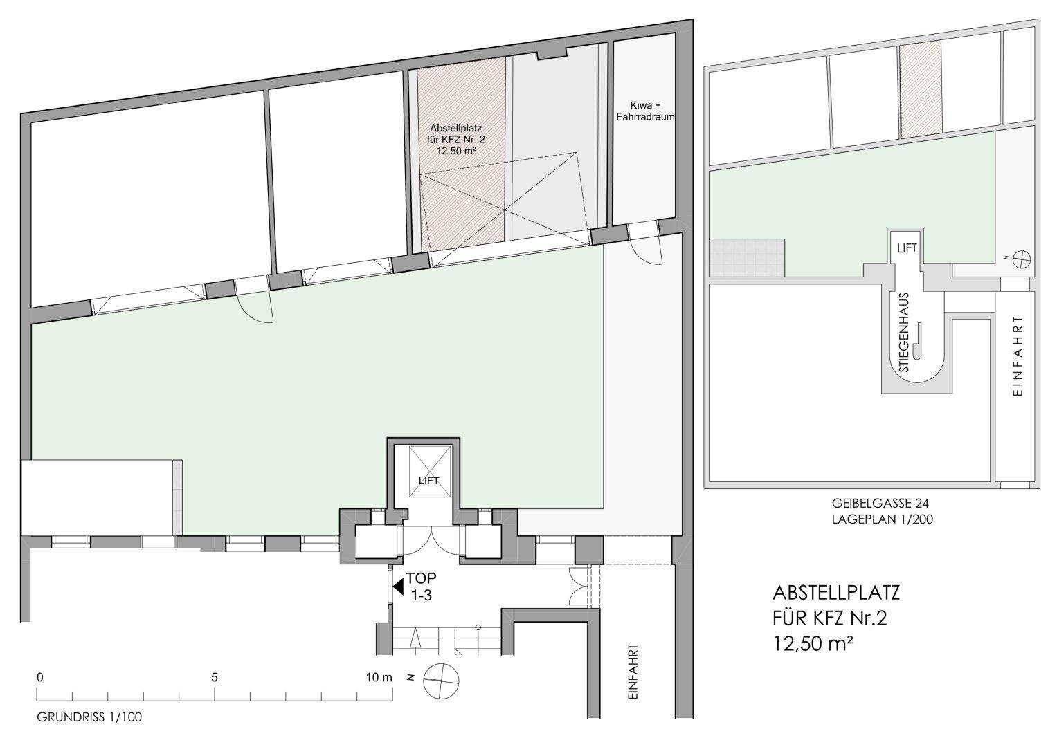 Grundriss des Abstellplatzes für KFZ Nr. 2 mit 12,50 m² und Fahrradraum.