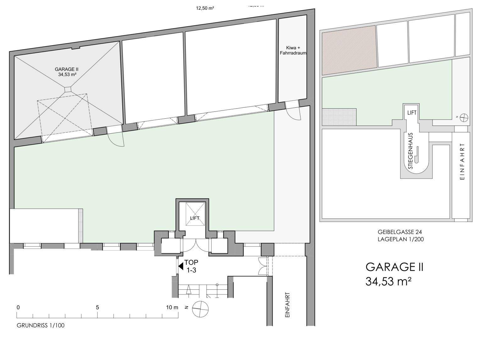 Grundriss der Garage II mit 34,53 m² und Zugang zum Treppenhaus.
