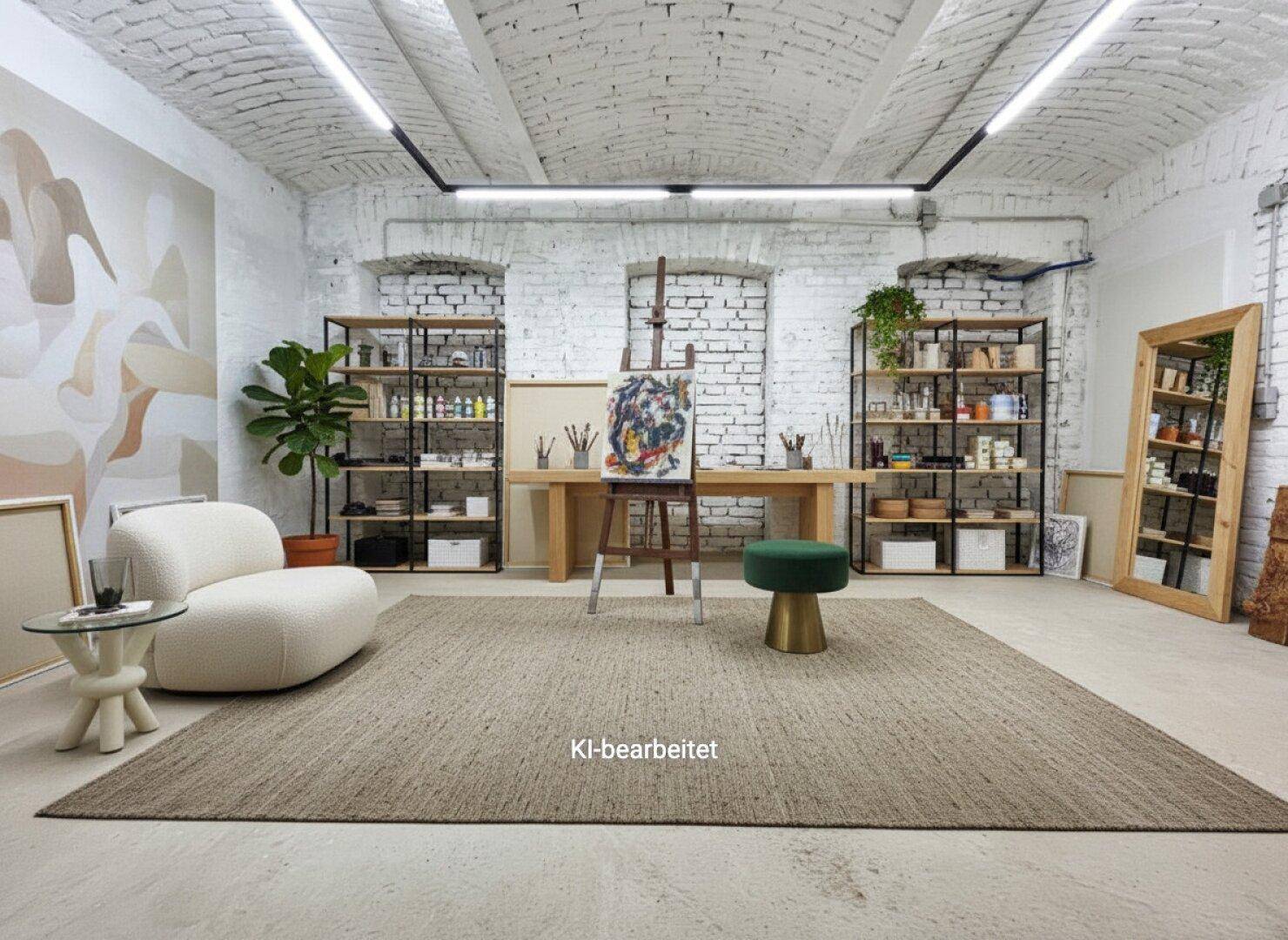 Großer, lichtdurchfluteter Raum im Loft-Stil mit hohen Decken, weiß gestrichenen Ziegelwänden und moderner Einrichtung.