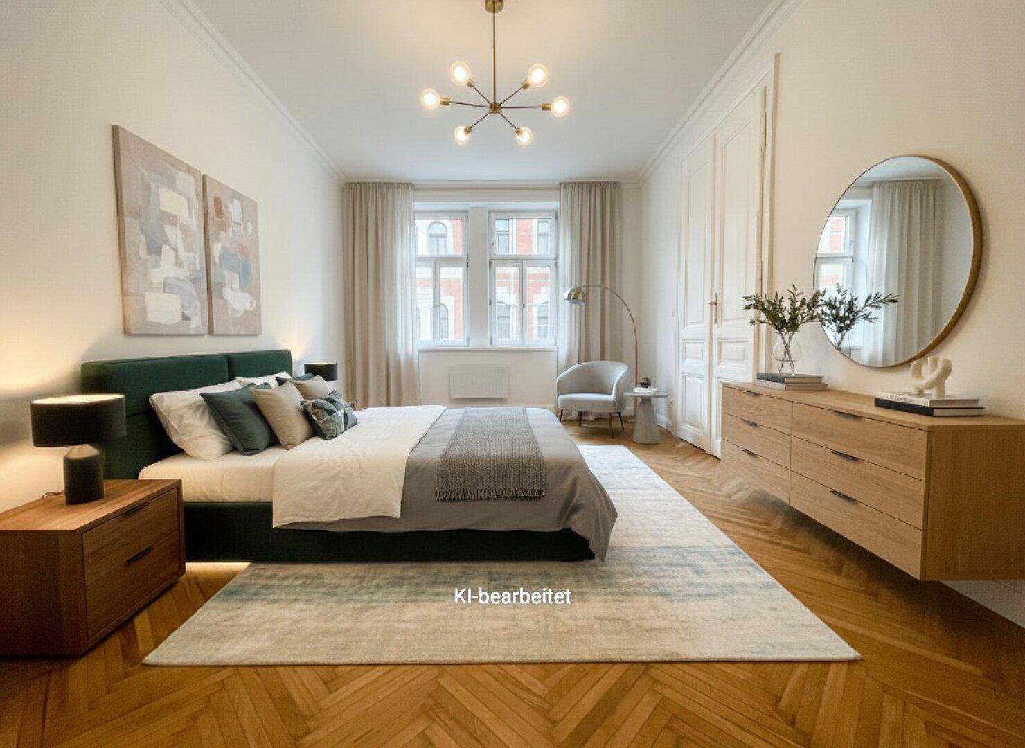 Geräumiges Schlafzimmer mit Fischgrätparkett, hohen Decken und moderner Einrichtung.