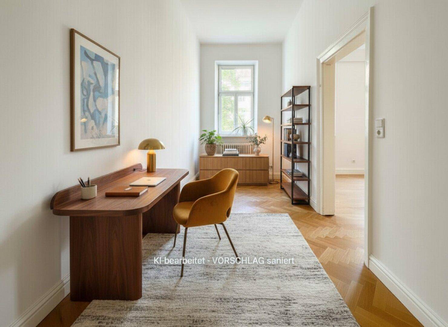 Schmaler Arbeitsbereich mit modernem Schreibtisch, Teppich und Fenster.