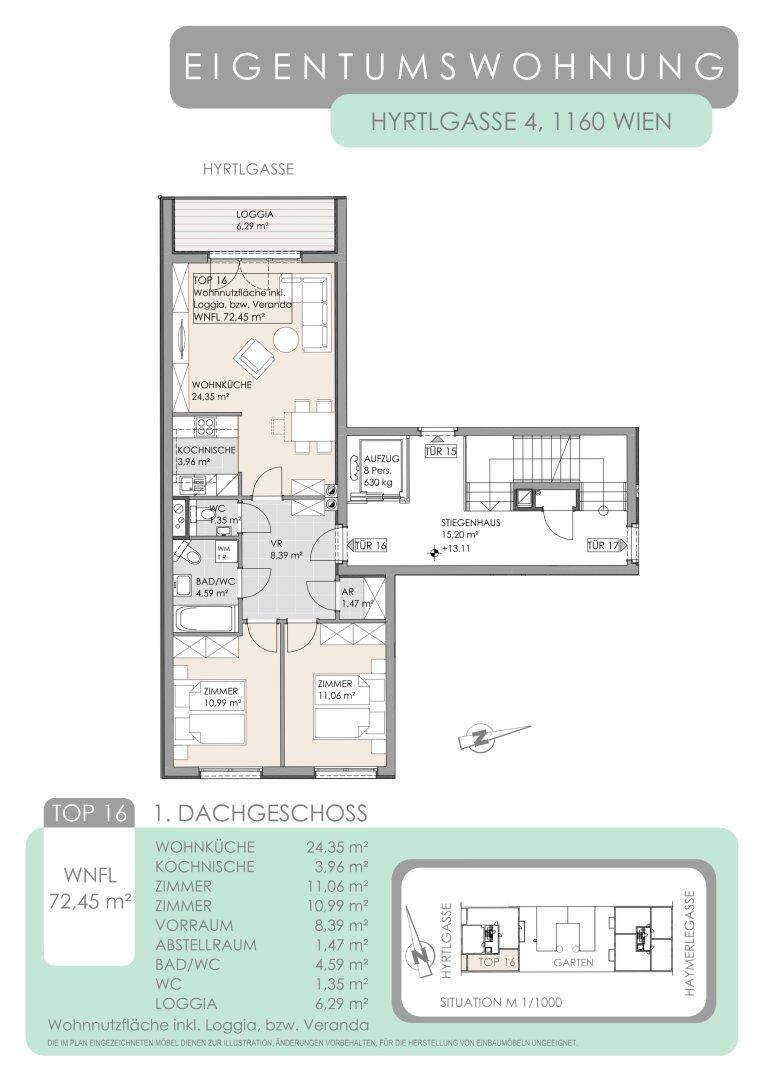 Grundriss der Dachgeschosswohnung mit offener Wohnküche, zwei Schlafzimmern und Loggia.