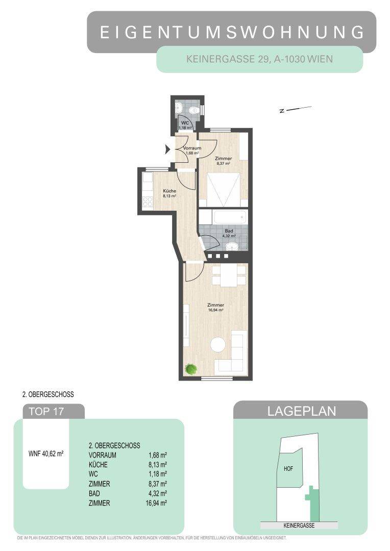 Grundriss einer Eigentumswohnung im zweiten Obergeschoss mit 40,62 m² Wohnfläche.
