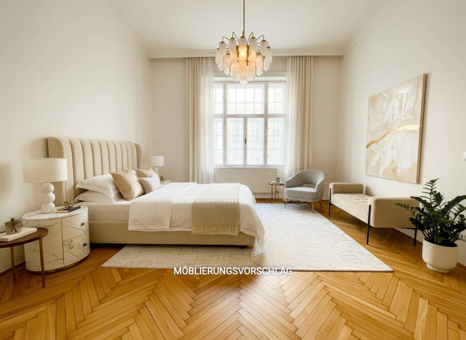 Helles Schlafzimmer mit hohen Decken, Fischgrätparkett und moderner Einrichtung.