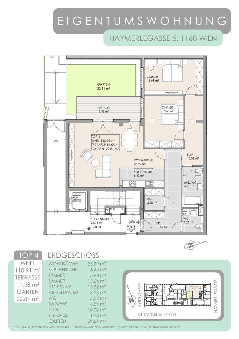 Grundriss der Erdgeschosswohnung mit offenem Wohnbereich, zwei Schlafzimmern, Bad, separatem WC, Abstellraum, Terrasse und Garten.