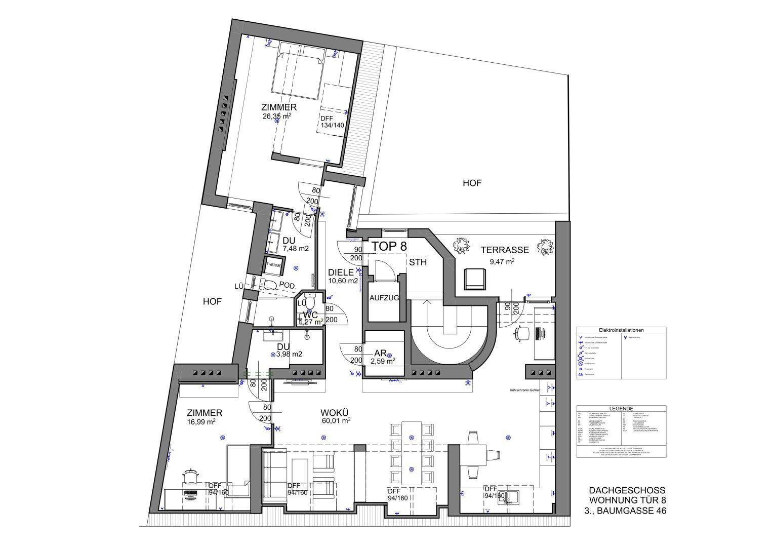 Grundriss der Dachgeschosswohnung Top 8 mit offener Wohnküche, zwei Zimmern und großer Terrasse.