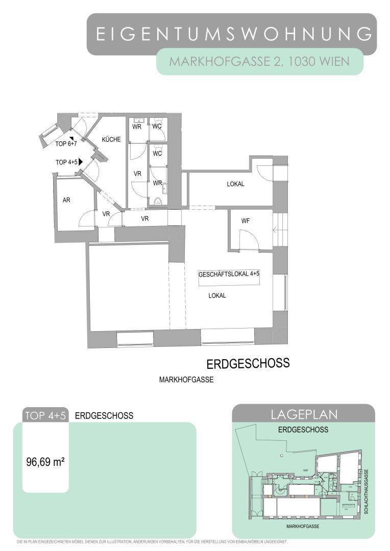 Grundriss für eine Eigentumswohnung im Erdgeschoss mit Küche, WC und Geschäftsflächen.
