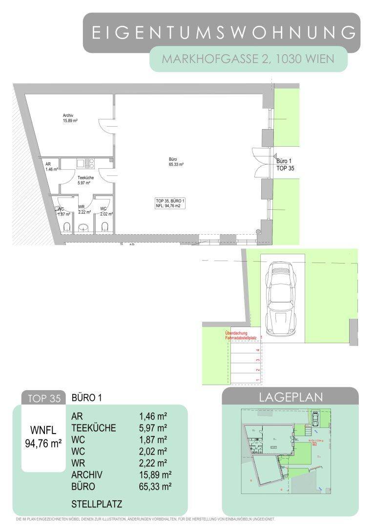 Grundriss für Büro 1 (Top 35) mit Teeküche, WC und Archivbereich sowie Stellplatz.