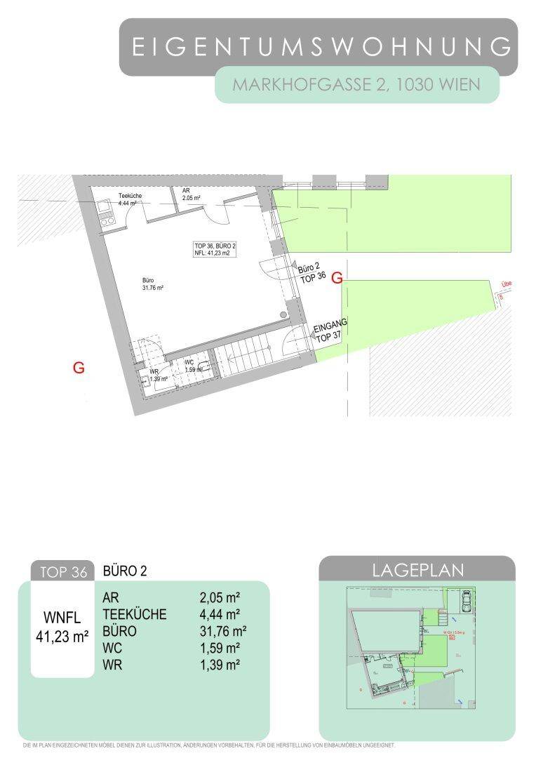 Grundriss für Büro 2 (Top 36) mit Teeküche, WC und Eingangsbereich.