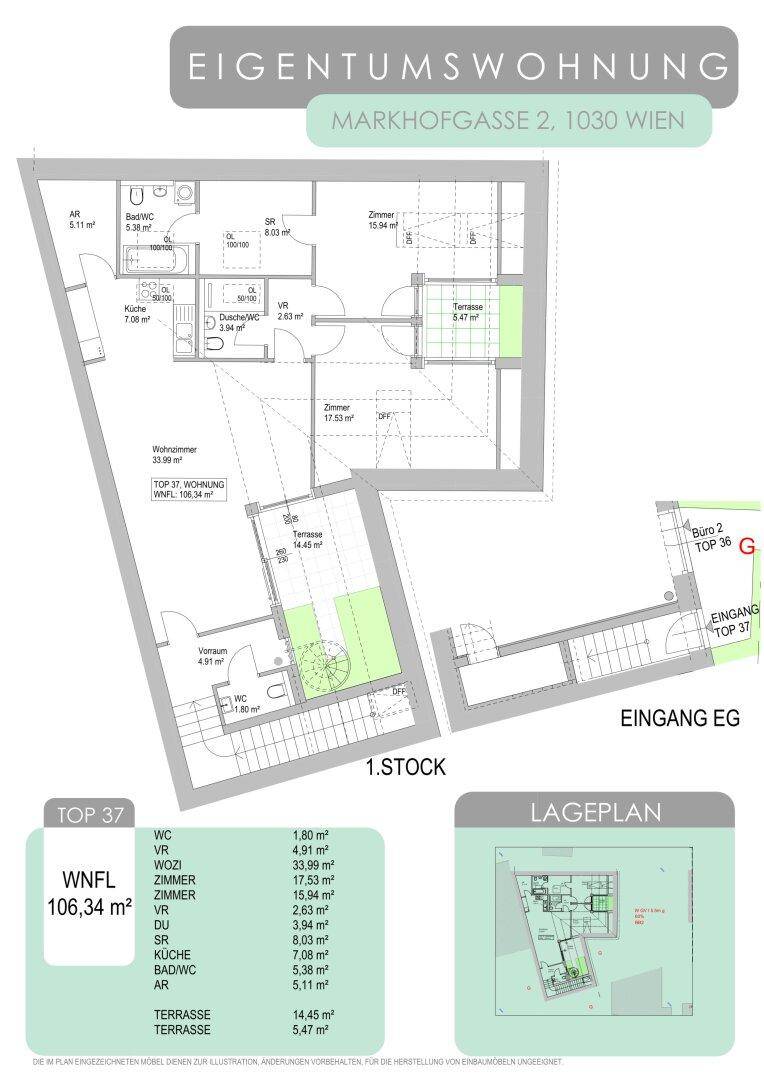 Grundriss für Wohnung (Top 37) im 1. Stock mit Wohnzimmer, Zimmern, Küche und zwei Terrassen.