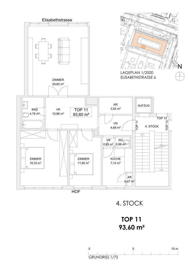 Grundriss der Wohnung Top 11 im 4. Stock mit 93,60 m² Wohnfläche.