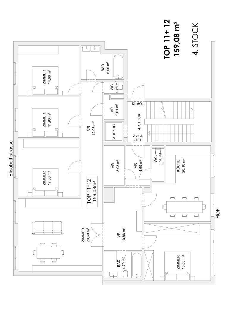 Kombinierter Grundriss der Wohnungen Top 11 und 12 im 4. Stock mit 159,08 m² Wohnfläche.