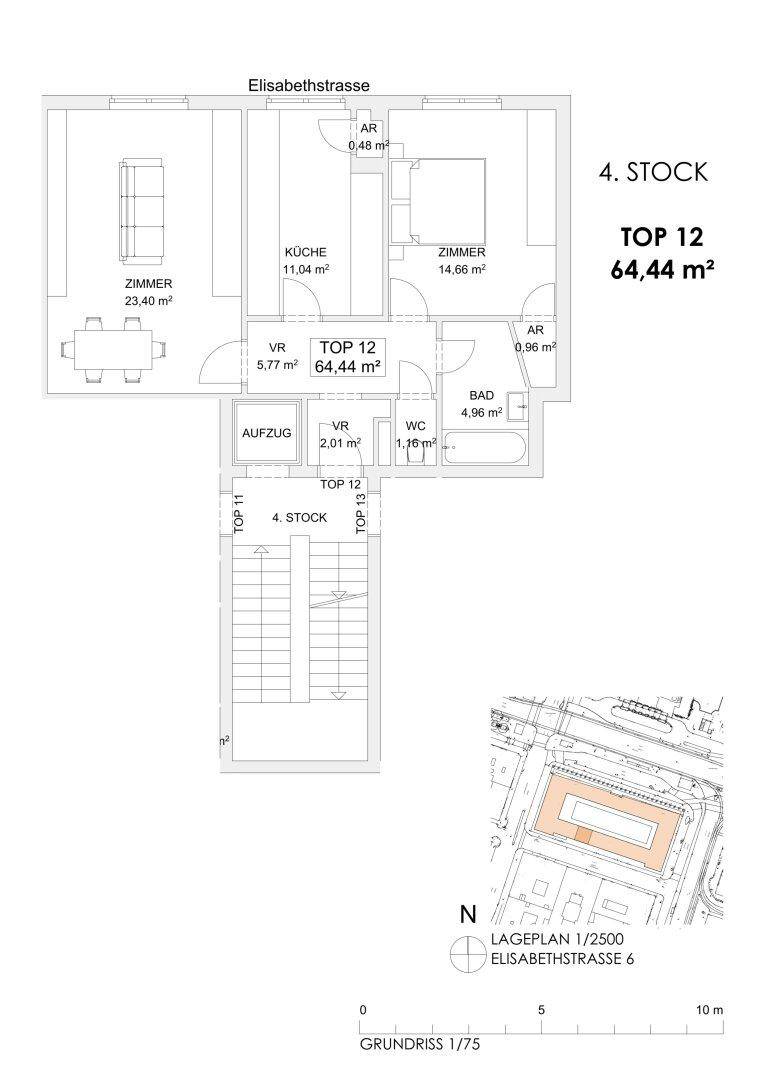 Grundriss der Wohnung TOP 12 im 4. Stock mit 64,44 m² Wohnfläche und Lageplan.
