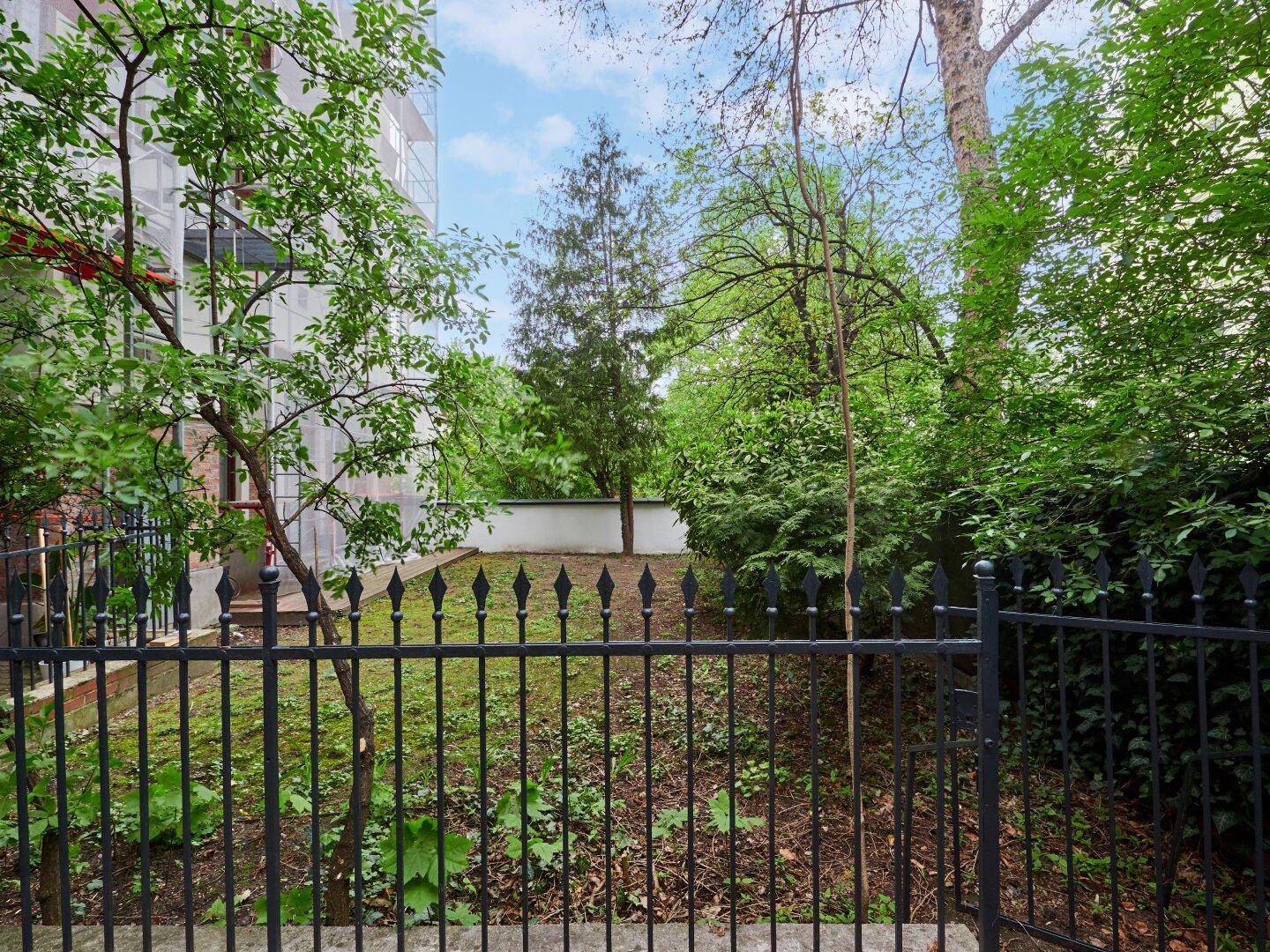 Kleiner umzäunter Gartenbereich mit Rasen und Bäumen, bietet Privatsphäre.
