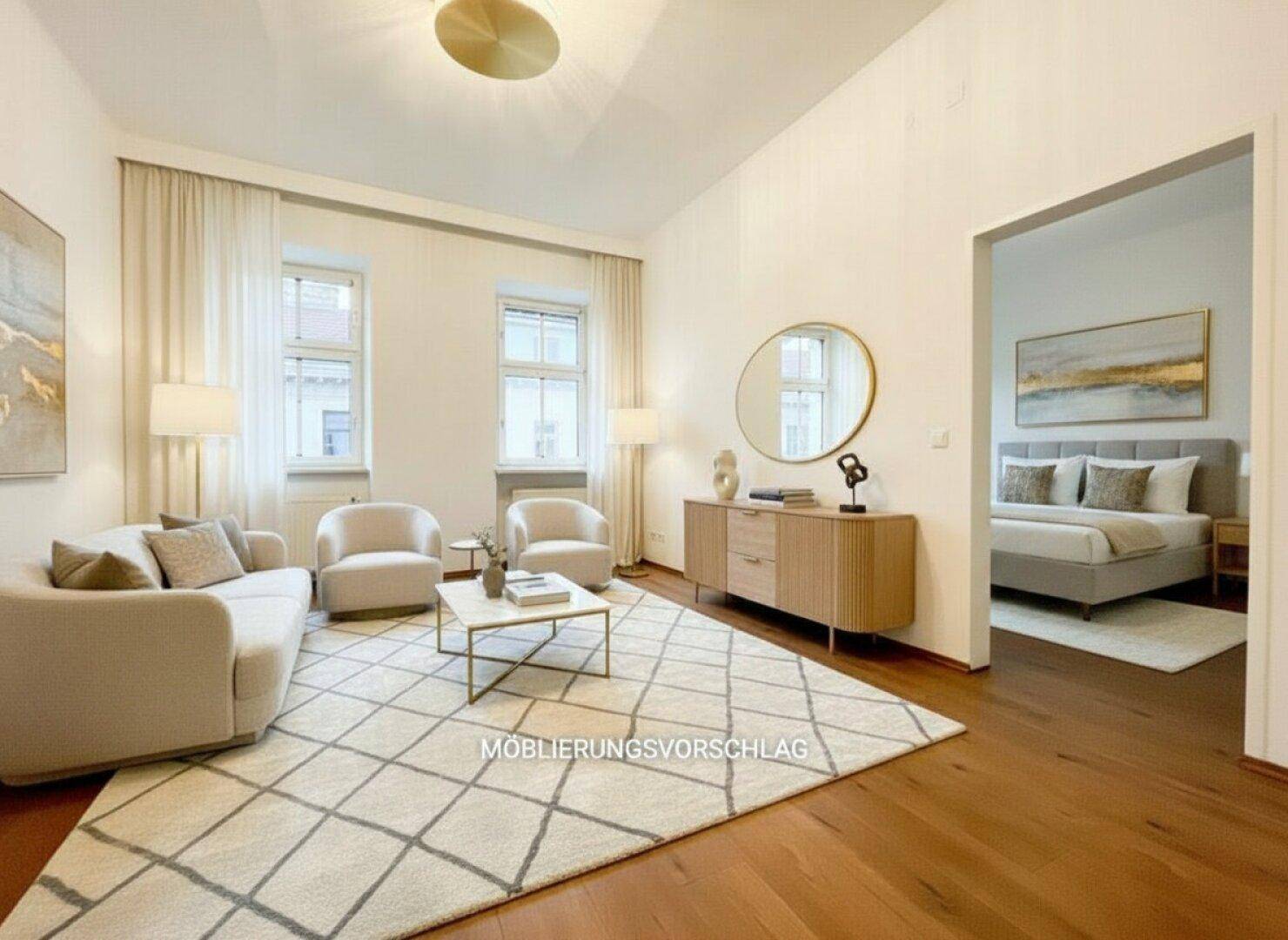 Helles Wohnzimmer mit hohen Decken, großen Fenstern und modernem Parkettboden, offen zum Schlafzimmer.