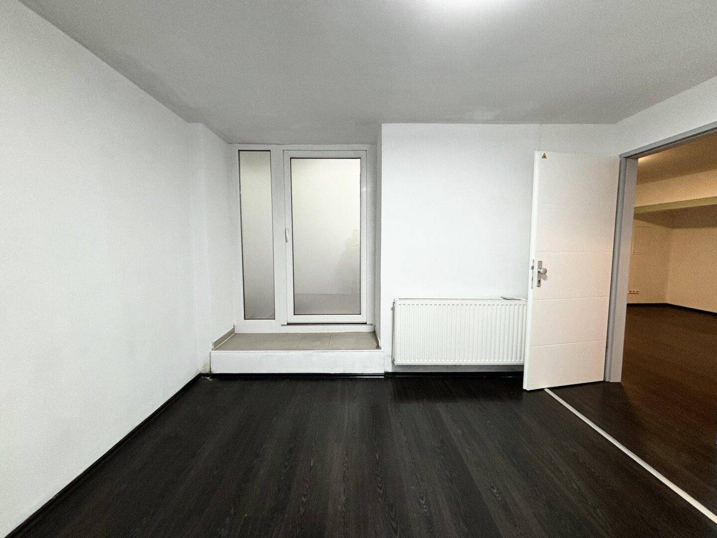 Eingangsbereich mit dunklem Holzboden, einer Glastür nach außen und einem Heizkörper.