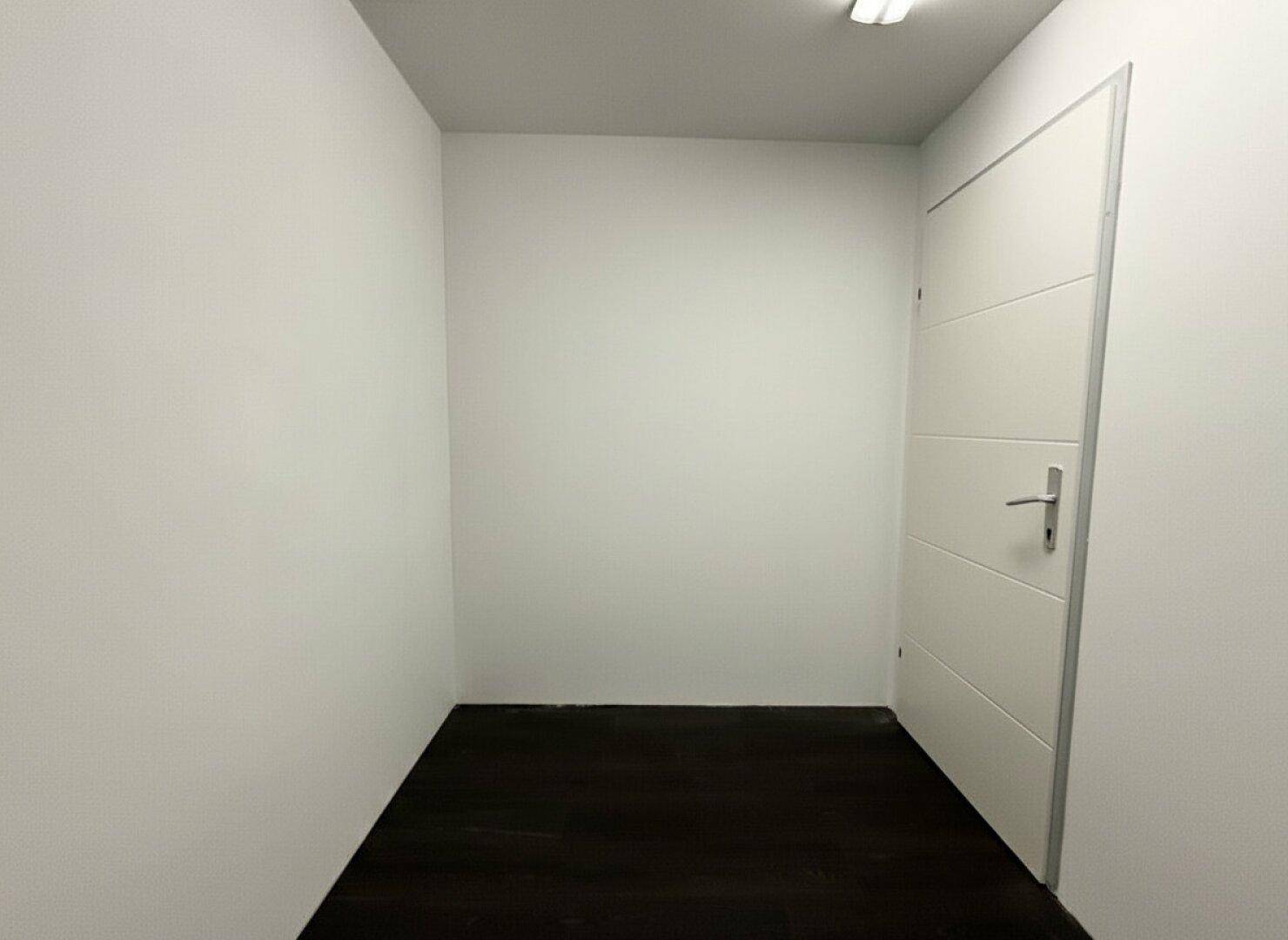 Schmaler Flur mit dunklem Holzboden und einer modernen weißen Tür, die in einen anderen Raum führt.