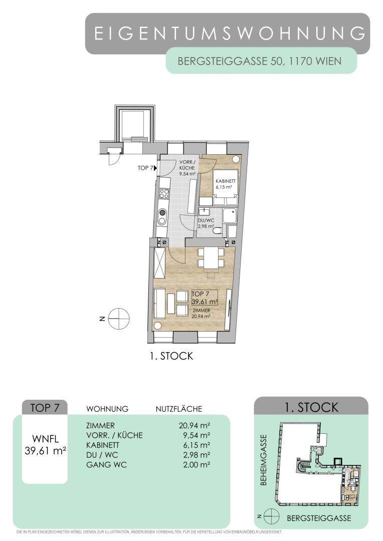 Grundriss der Wohnung Top 7 im 1. Stock mit Zimmern und Nutzflächenangaben.