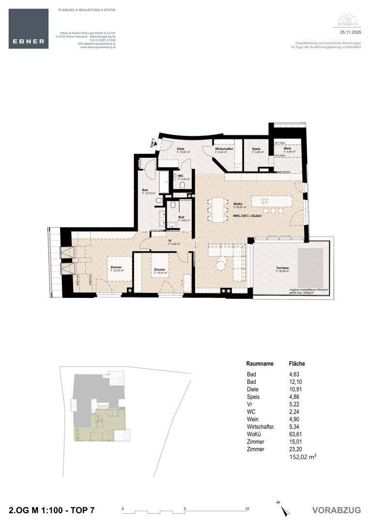 Grundriss der Wohnung Top 7 im 2. Obergeschoss mit drei Zimmern und großer Terrasse.