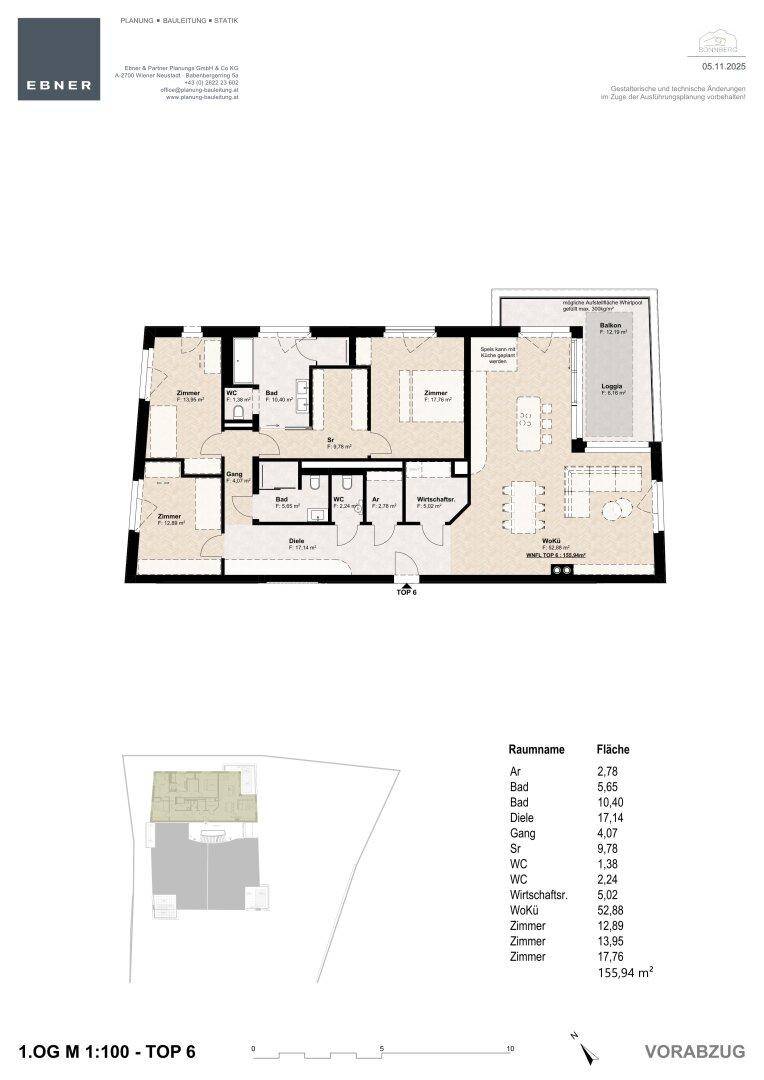 Grundrissplan einer Wohnung im ersten Obergeschoss mit mehreren Zimmern und Balkon.