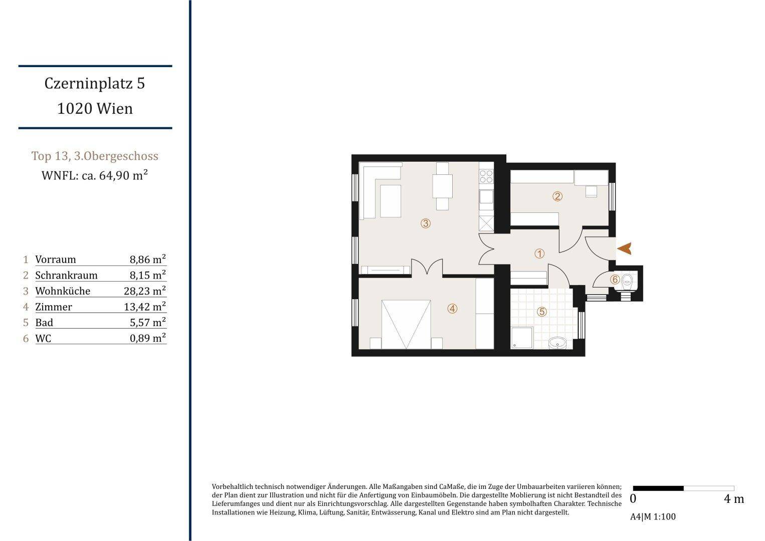 Grundriss der Wohnung mit einer Fläche von ca. 64,90 m², zeigt die Raumaufteilung.
