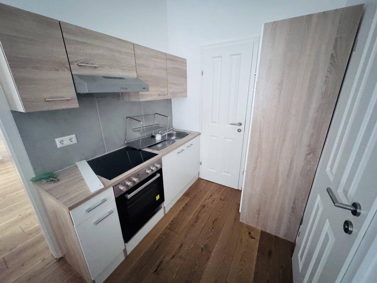Nahaufnahme einer modernen Küchenzeile mit integriertem Kochfeld und Backofen, praktisch und funktional.