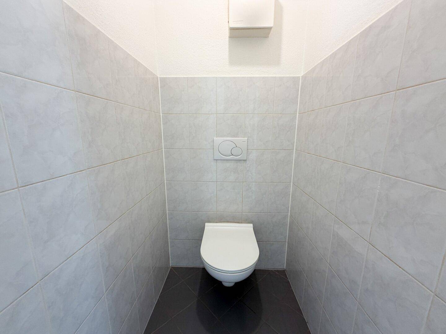Kleines separates WC mit Wand-WC und Fliesen an Wänden und Boden.