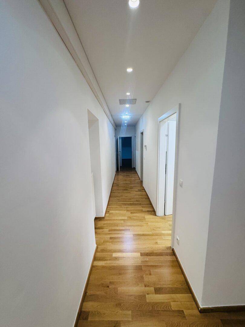 Sehr langer Flur mit durchgehendem Holzparkett und vielen Türen, der verschiedene Bereiche verbindet.