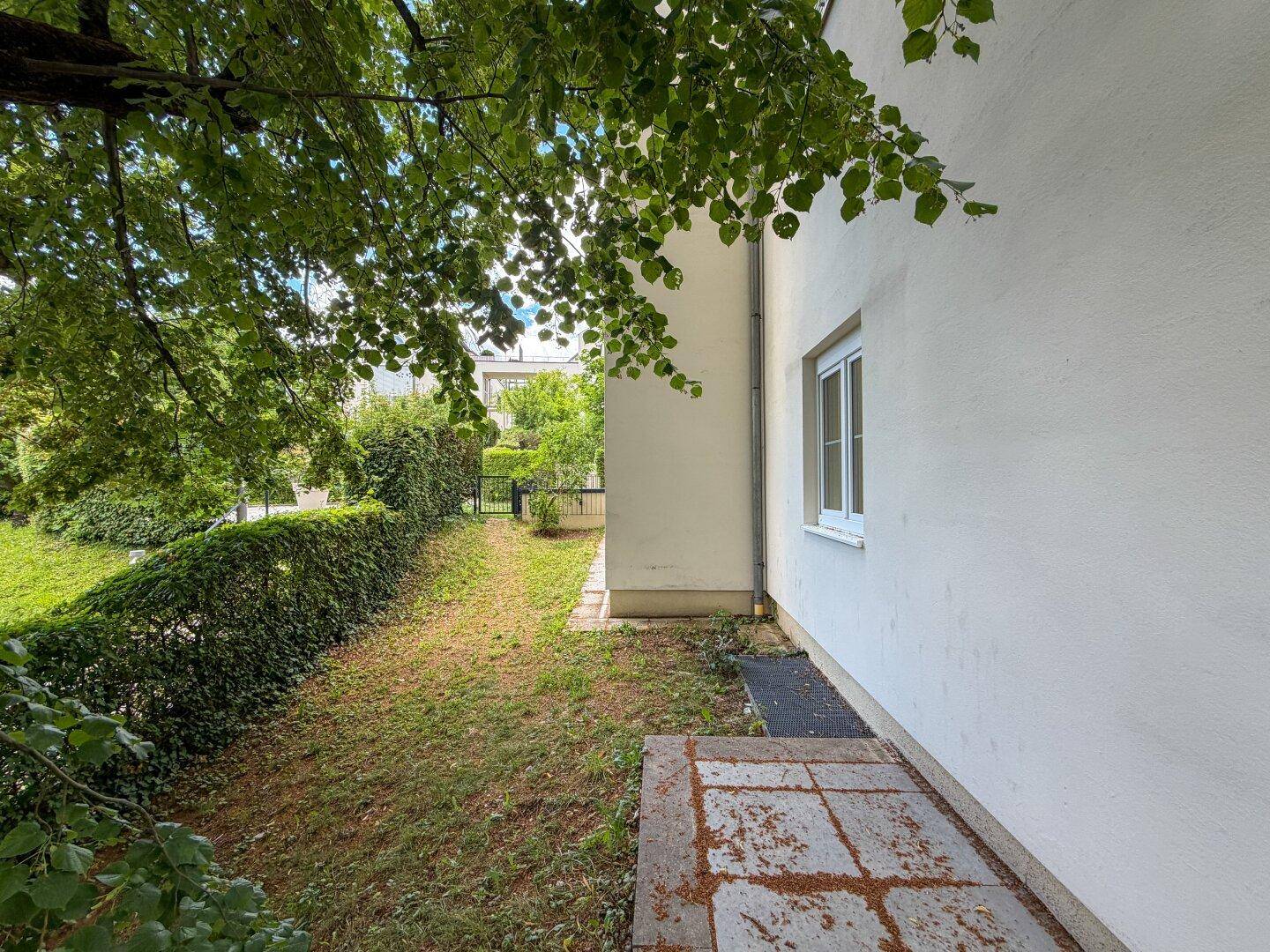 Seitlicher Gartenbereich mit kleiner Terrasse, Rasen und Hecke, umgeben von Bäumen.