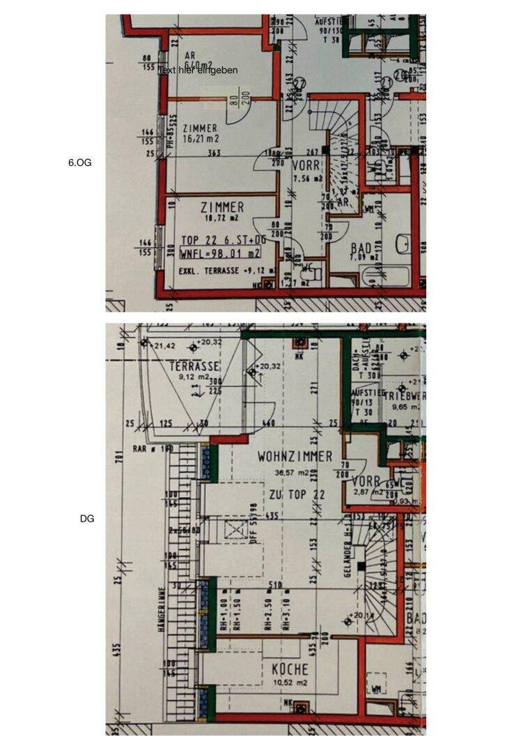 Grundrisspläne für zwei Etagen, 6. Obergeschoss und Dachgeschoss, mit detaillierter Zimmeraufteilung.