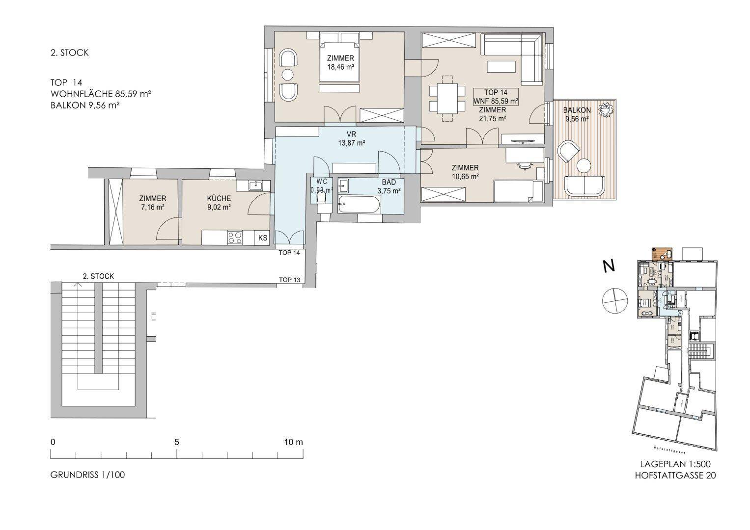 Grundriss der Wohnung Top 14 im 2. Stock mit 85,59 m² Wohnfläche und Balkon.