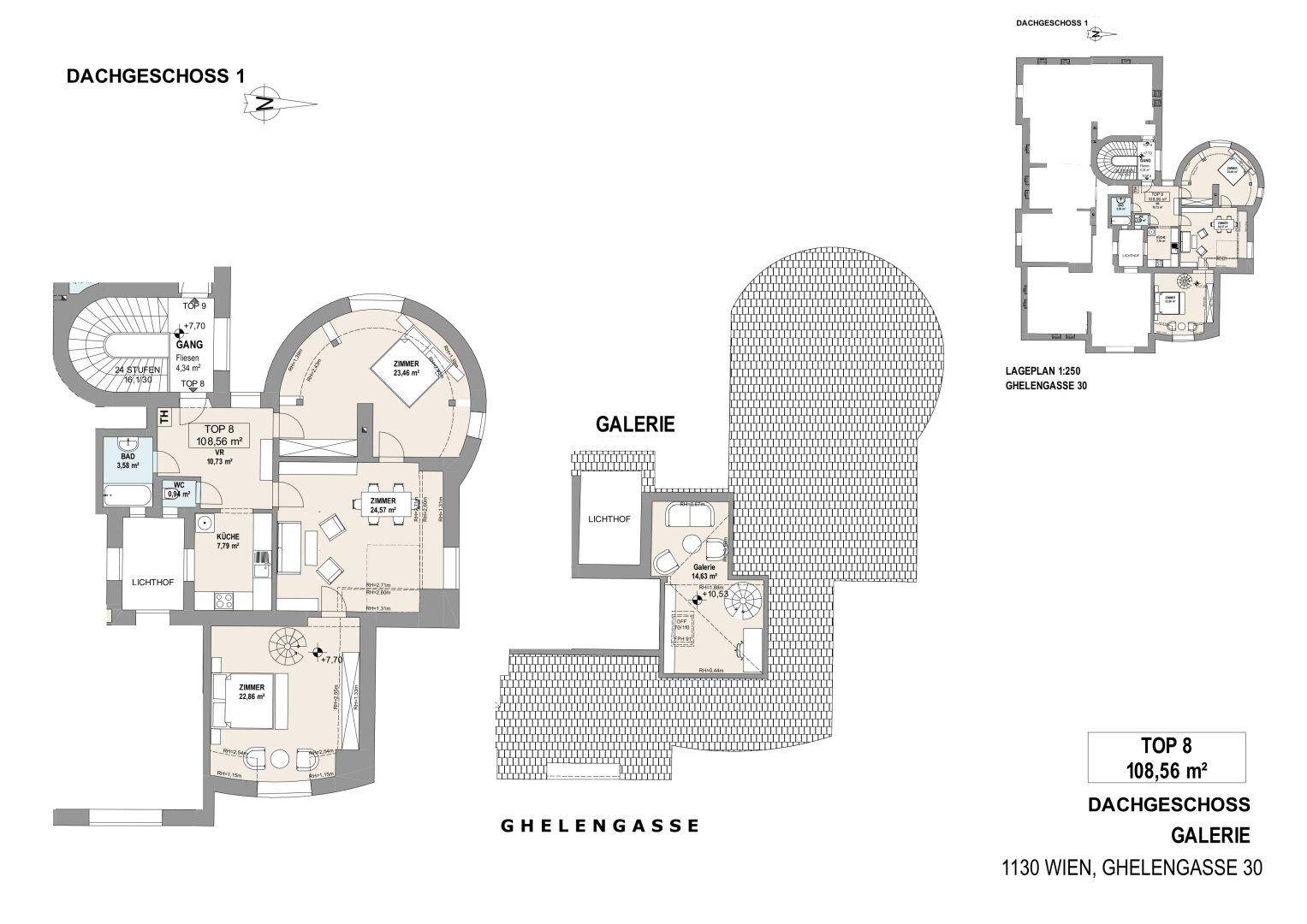 Grundriss einer Maisonette-Wohnung im Dachgeschoss mit offener Galerie, mehreren Zimmern und zwei Bädern.