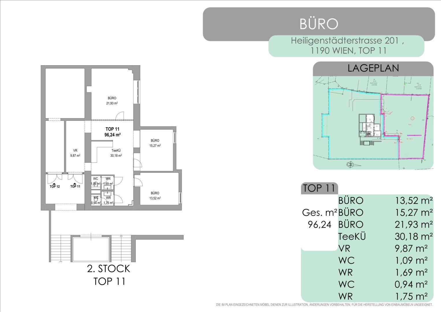 Grundrissplan eines Büroobjekts im zweiten Stock mit mehreren Büroräumen und Teeküche.