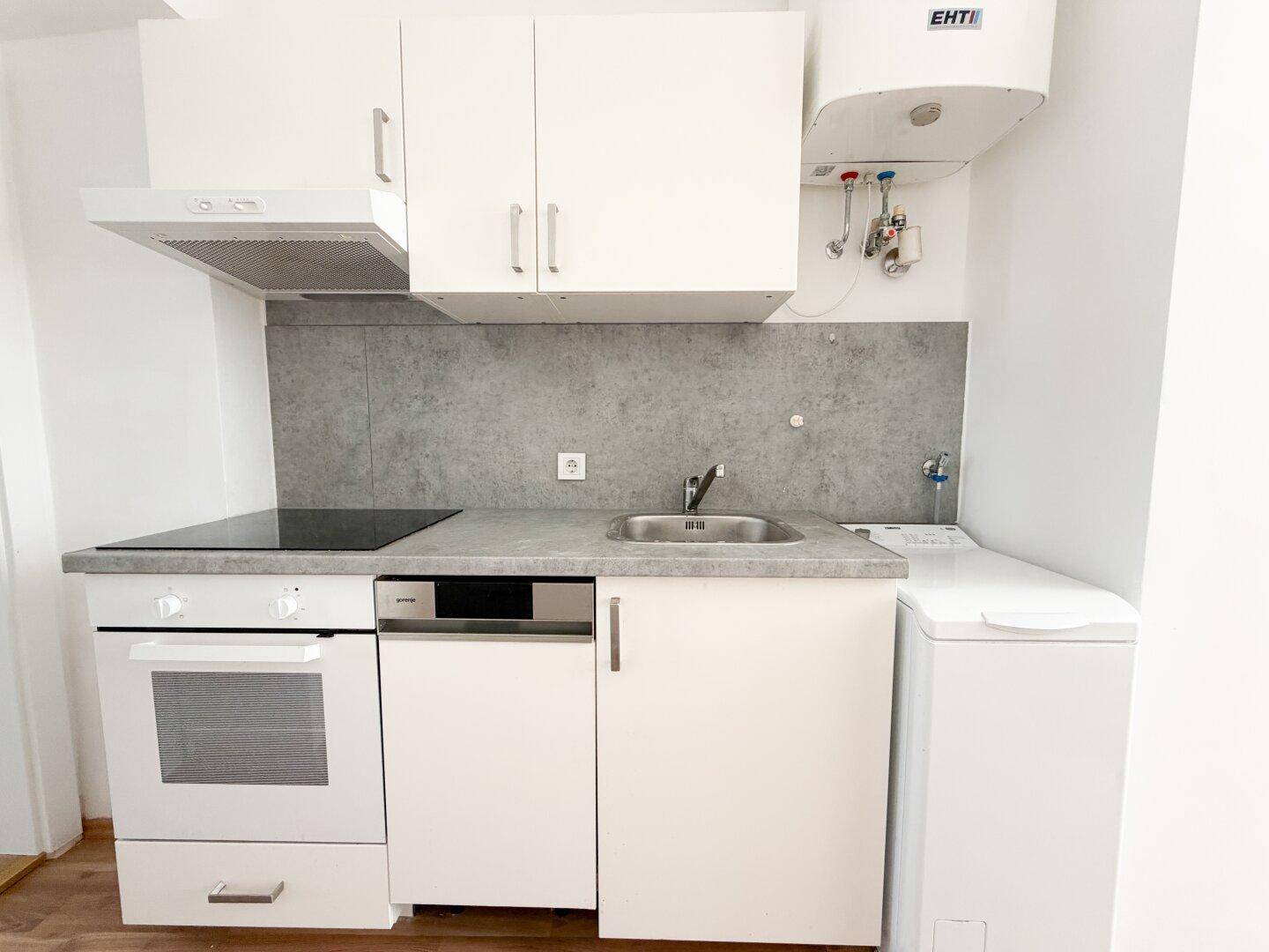 Detailansicht der Küchenzeile mit Spüle, Geschirrspüler, Backofen und kleiner Waschmaschine.