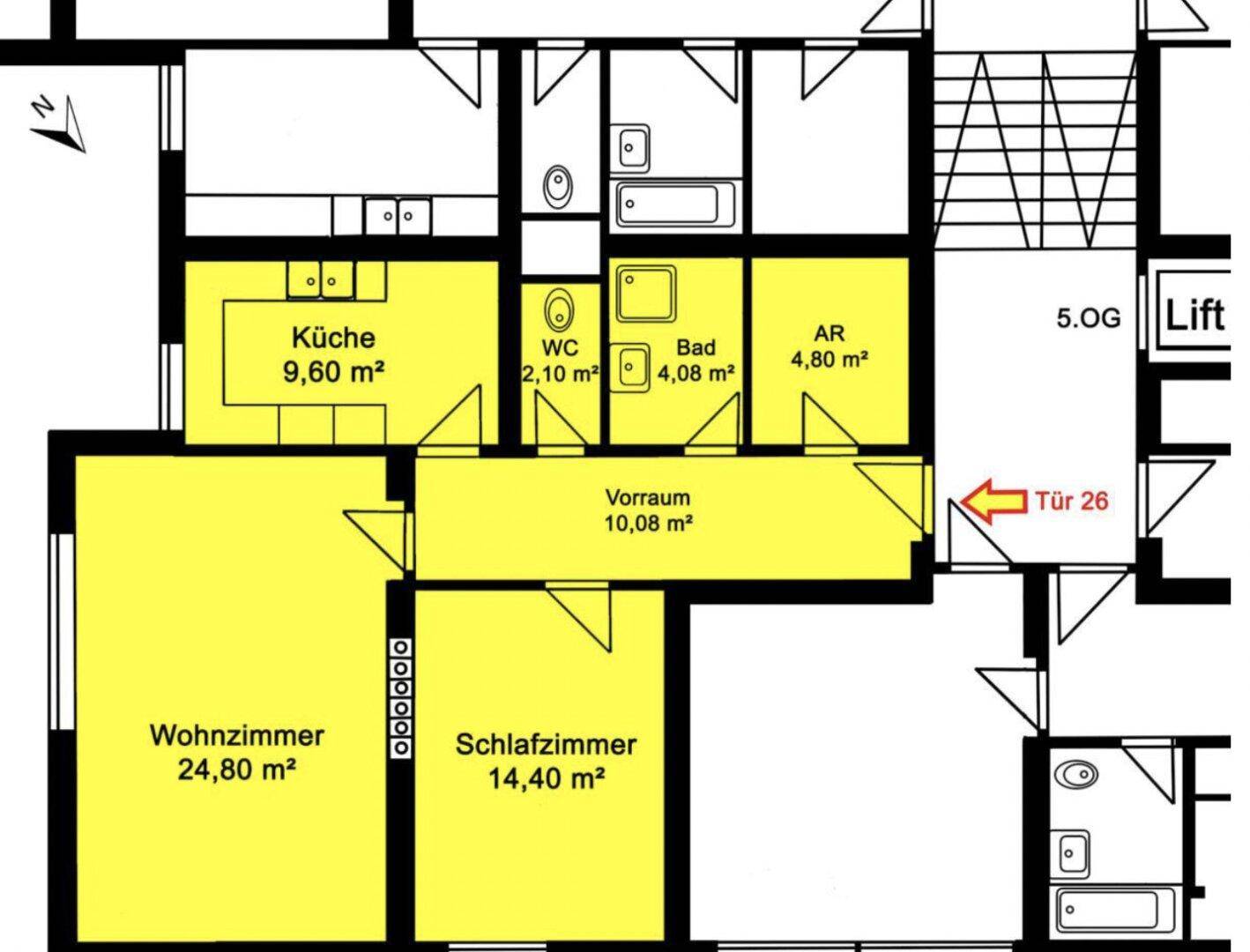 Grundriss einer Wohnung im 5. Obergeschoss mit Küche, Bad, WC und Wohnzimmer.